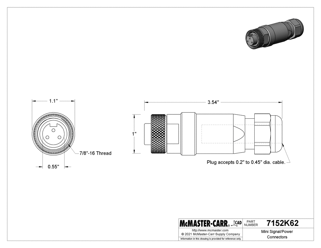 Technical Drawing of Mini Connector, Female Socket with Internal Thread, Screw Terminal, 3 Pole.